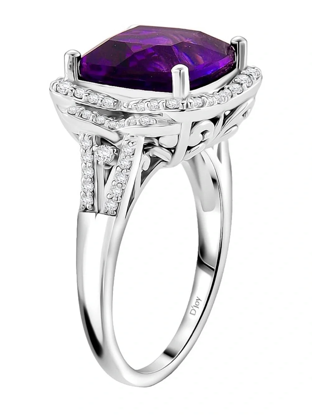 5.65 ctw Cushion-Cut AAA Amethyst ring w Moissanite halo